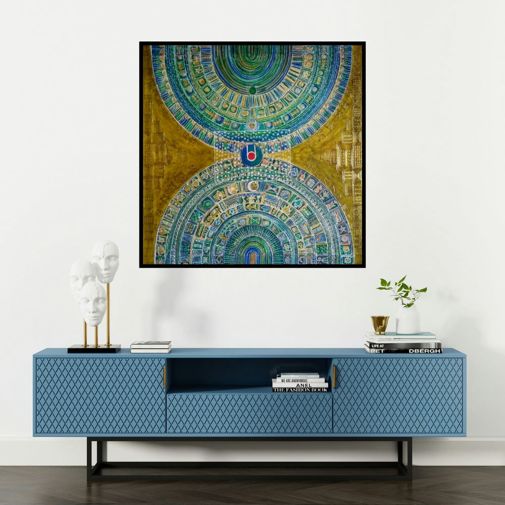 'Parikrama 2 (Cosmic Mandala)' painting by Madhavi Joshi shown on a wall in a furnished room.