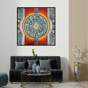 Madhavi Joshi's 'Parikrama (Cosmic Mandala Depicting Hindu Deities and Symbols)' painting visualized above a sofa in a contemporary room.