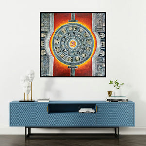 'Parikrama (Cosmic Mandala Depicting Hindu Deities and Symbols)' painting by Madhavi Joshi shown on a wall in a furnished room.