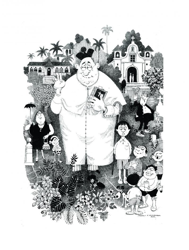 Figurative pen ink painting titled 'Parish Preist (1965)', 21x29 inches, by artist Mario Miranda on Paper