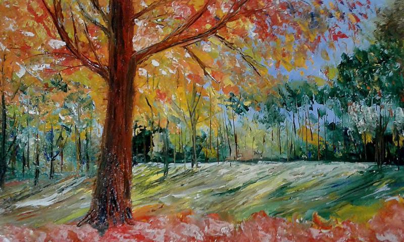 Impressionist oil painting titled 'Park Tree In Bloom', 17x11 inches, by artist Kiran Bableshwar on Canvas