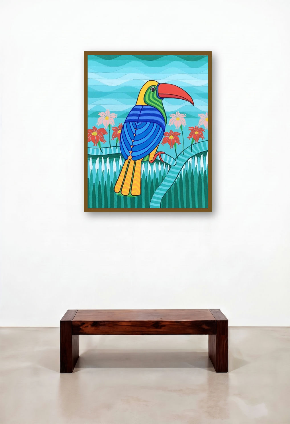 Parrot 1 (Vibrant Toucan) by artist Thota Laxminarayana displayed in a Mid-Century Modern Family Room