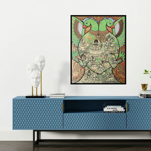 'Parrot Rathi Manmadha (Celestial Harmony A Divine Gathering)' painting by Harinath N shown on a wall in a furnished room.