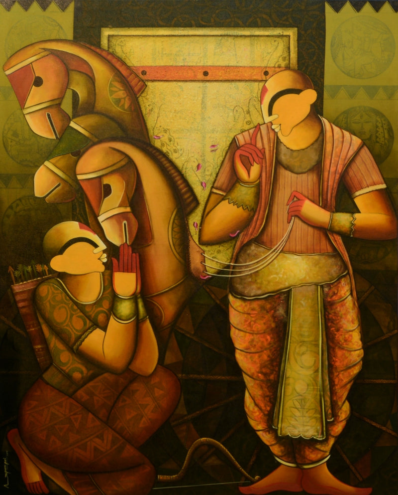 'Parthasarathi 25' figurative acrylic painting by artist Anupam Pal, 60x48 inch, on canvas