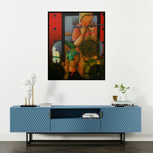 Anupam Pal's 'Parthasarathi 9' painting visualized above a sofa in a contemporary room.