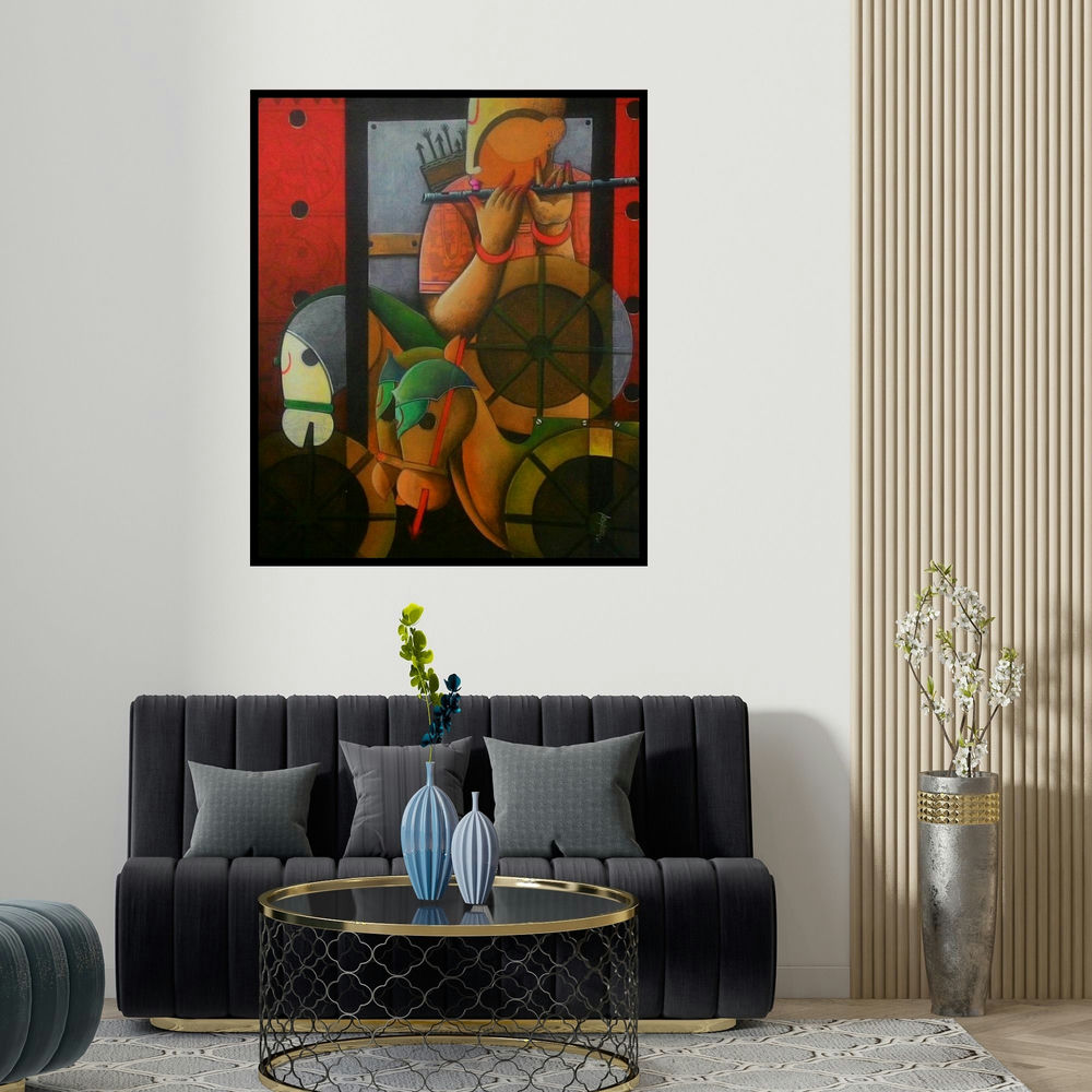 'Parthasarathi 9' painting by Anupam Pal shown on a wall in a furnished room.