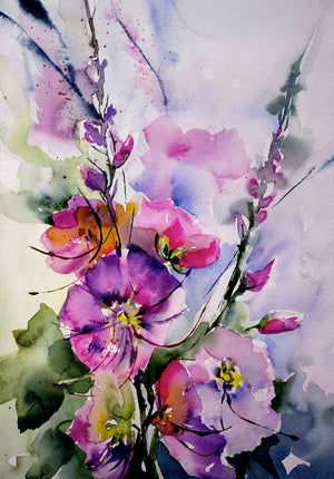 Passeroses (Mauve Musings: A Floral Dreamscape) by Veronique Piaser-Moyen, Original Watercolor Still-Life Painting on Paper, Small Vertical Wall Art