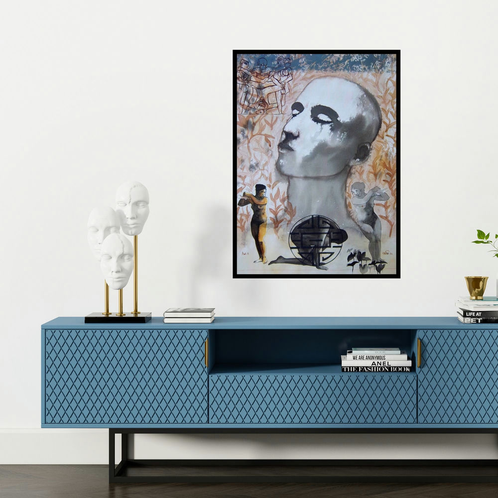 'Passion (Contemplation and Connection)' painting by Avi Roy shown on a wall in a furnished room.