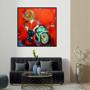 Shiv Kumar Soni's 'Passion Of The Childhood Xv' painting visualized above a sofa in a contemporary room.