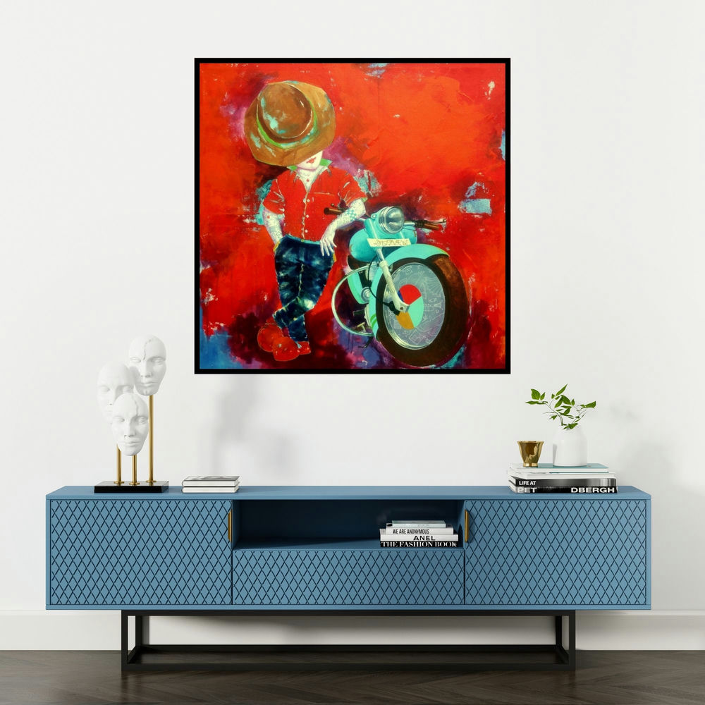 'Passion Of The Childhood Xv' painting by Shiv Kumar Soni shown on a wall in a furnished room.