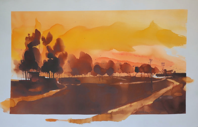 'Path Breaking Dawn' landscape watercolor painting by artist Prashant Prabhu, 30x45 inch, on paper