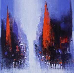 Path Of Heaven 1 (Night Lights) by Somnath Bothe, Original Acrylic Cityscape Painting on Canvas, X-Small Square Wall Art
