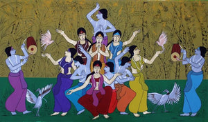 Pause (The Divine Dance) by Chetan Katigar, Original Acrylic Figurative Painting on Canvas, Large Horizontal Wall Art