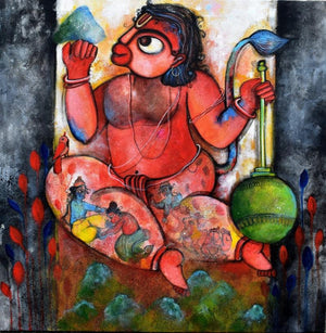 Figurative acrylic painting titled 'Pavanputra', 30x30 inches, by artist Sharmi Dey on Canvas