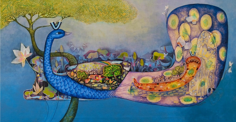 Pavsala' animals acrylic painting by artist Pooja Mhatre, 32x60 inch, on canvas