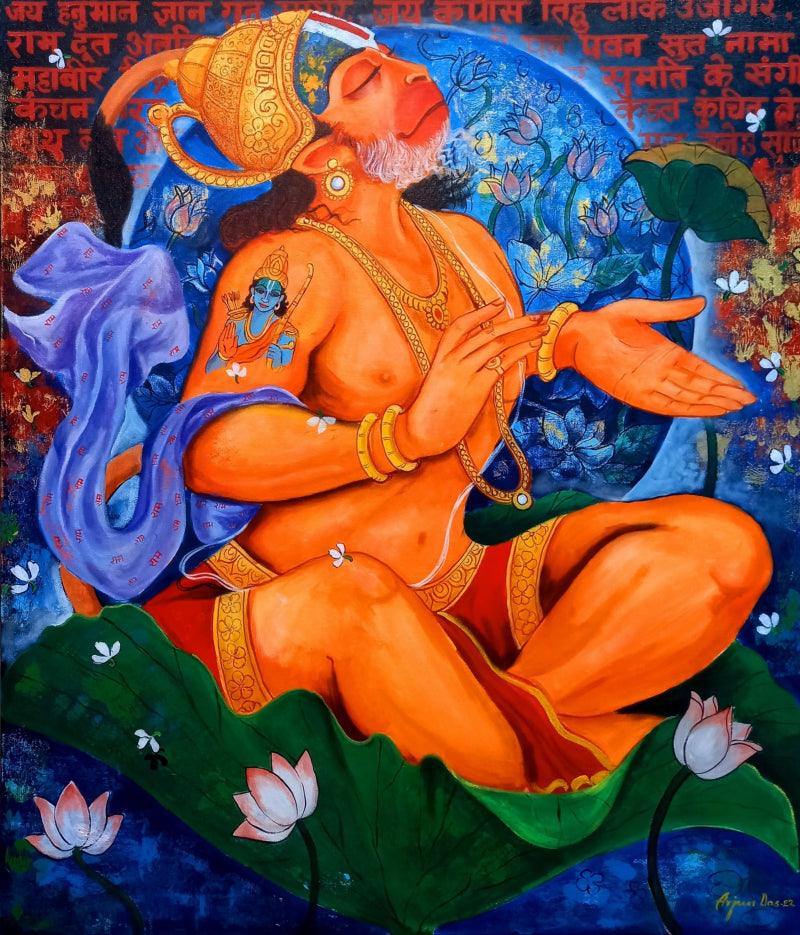 Religious acrylic painting titled 'Pawan Putra Hanuman', 42x36 inches, by artist Arjun Das on Canvas