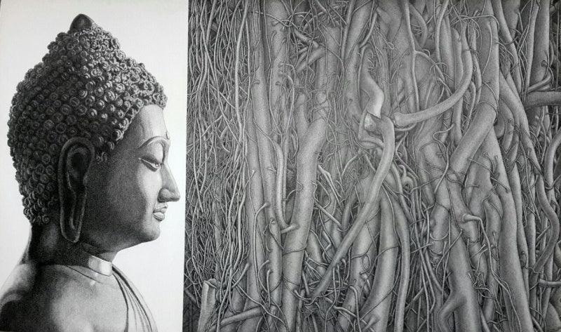 Figurative pen ink drawing titled 'Peace 17 Ii', 36x60 inches, by artist Prakash Ghadge on Canvas