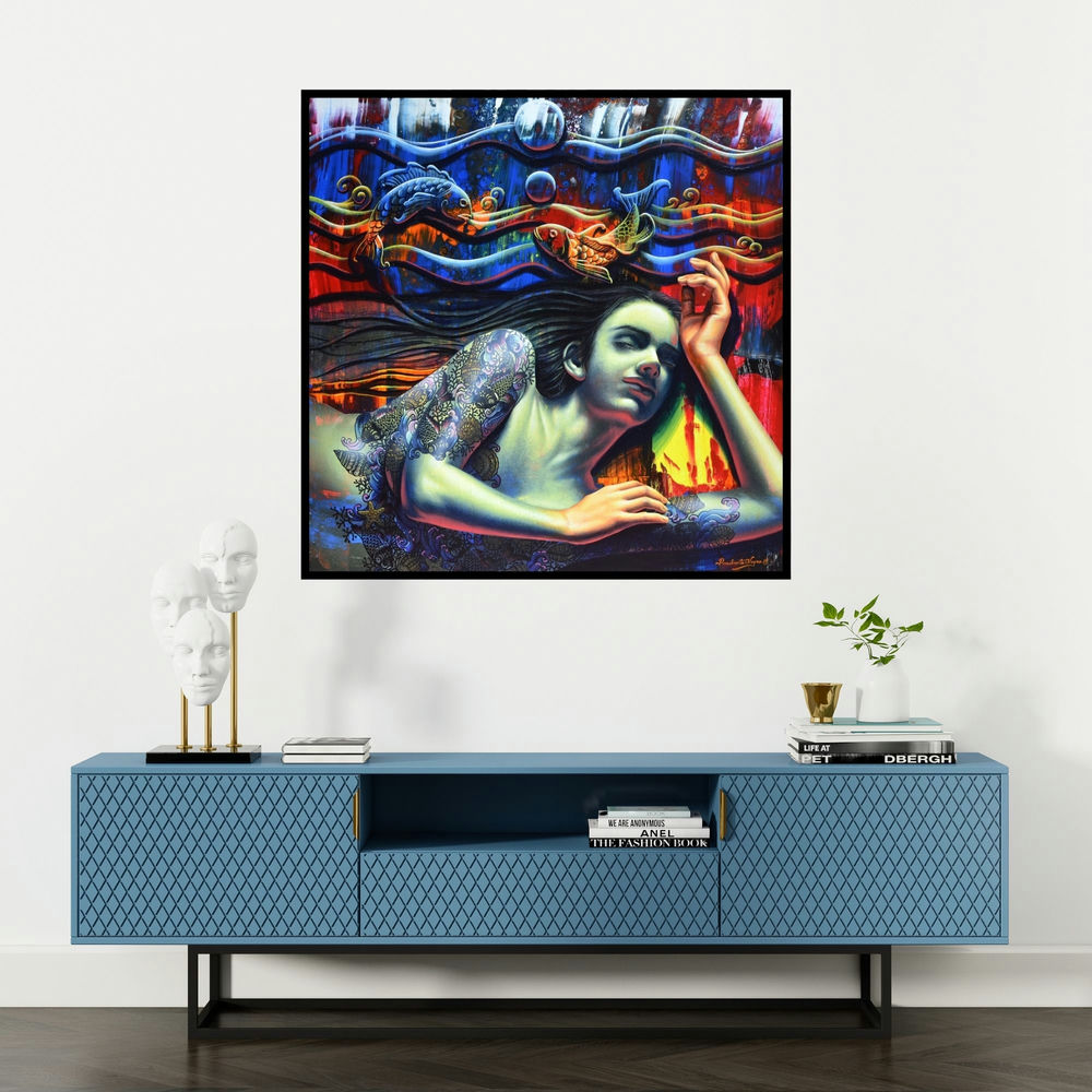 'Peace (Celestial Union)' painting by Prashanta Nayak shown on a wall in a furnished room.