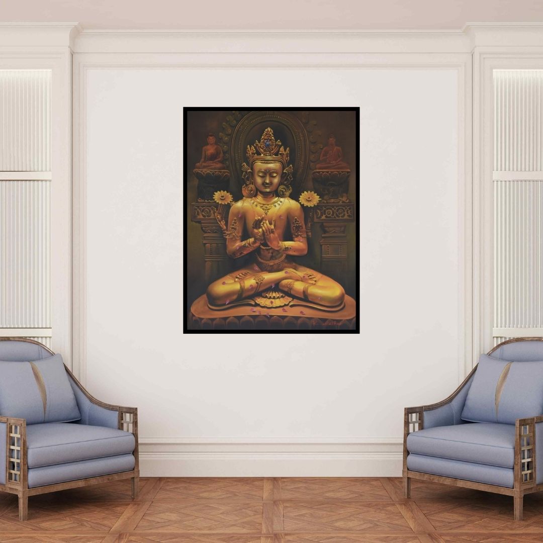In-situ view of Kamal Rao's 'Peace (Golden Buddha)' painting in a room