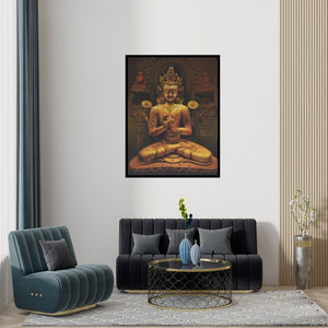 Preview of 'Peace (Golden Buddha)' Painting by Kamal Rao shown on a wall in a furnished room.