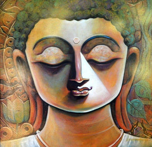 Peace (Serene Visage) by Subrata Ghosh, Original Acrylic Figurative Painting on Canvas, Small Square Wall Art