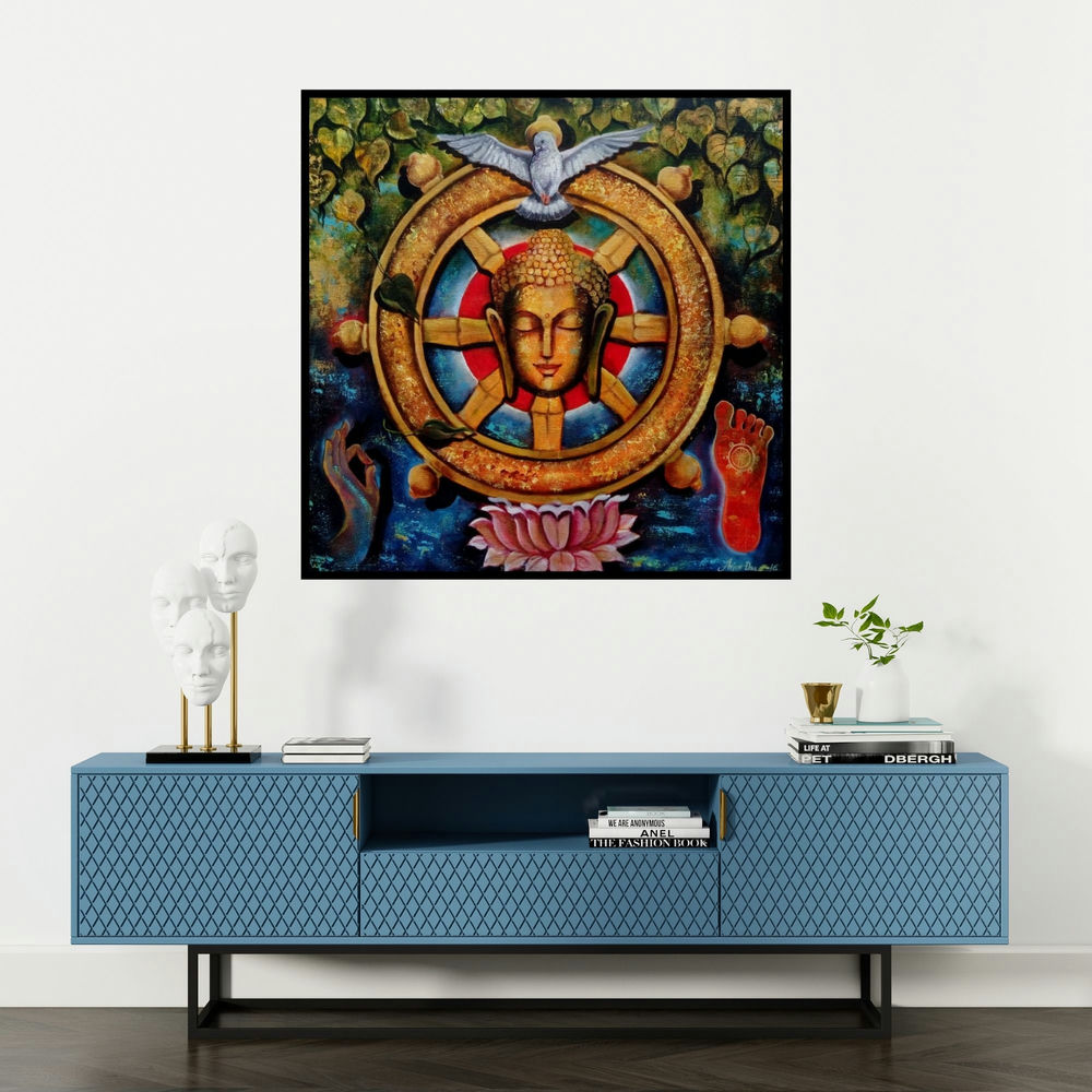 'Peaceful Buddha 4 (Buddha with Dharmachakra and Dove)' painting by Arjun Das shown on a wall in a furnished room.