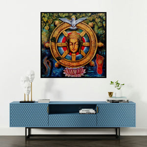 'Peaceful Buddha 4 (Buddha with Dharmachakra and Dove)' painting by Arjun Das shown on a wall in a furnished room.