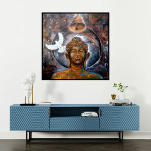 'Peaceful Buddha 5 (Enchanted Radha)' painting by Arjun Das shown on a wall in a furnished room.