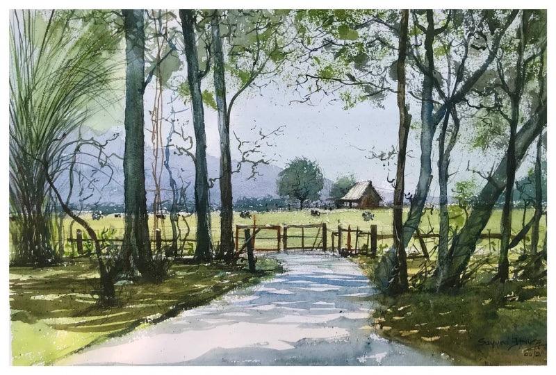 Landscape watercolor painting titled 'Peaceful Shadow', 14x20 inches, by artist KS Farvez on Paper