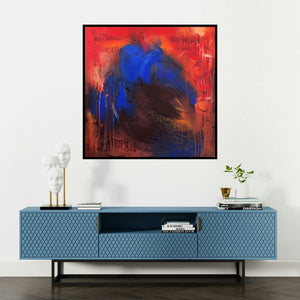 'Peacock (Peacocks Majesty)' painting by Balaji Ubale shown on a wall in a furnished room.