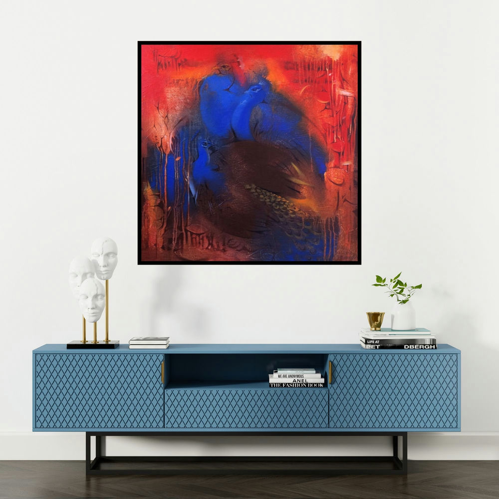 'Peacock (Peacocks Majesty)' painting by Balaji Ubale shown on a wall in a furnished room.