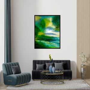 Preview of 'Peacock Bliss' Painting by Shuchi Khanna shown on a wall in a furnished room.