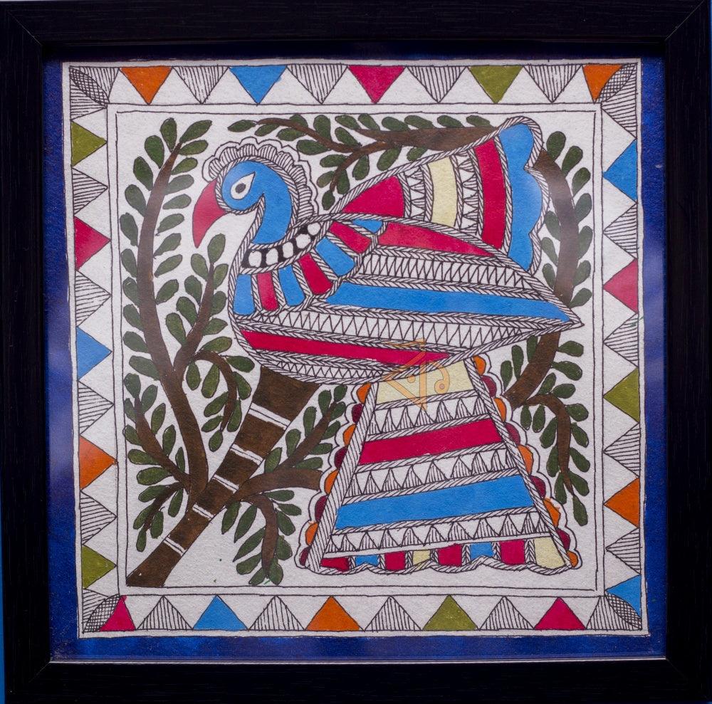 Folk Art madhubani traditional art titled 'Peacock blue 2 Madhubani Painting', 7x7 inches, by artist Kalaviti Arts on Cloth