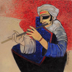 Penance (Soulful Melodies) by Sarang Waghmare, Original Acrylic Figurative Painting on Canvas, Small Square Wall Art