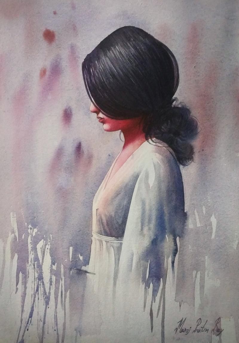 Figurative watercolor painting titled 'Pensive Mood', 20x14 inches, by artist Manoj Pratim Ray on Paper