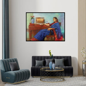 Preview of 'Pensive Thoughts (Suspended Animation)' Painting by Aditya Phadke shown on a wall in a furnished room.