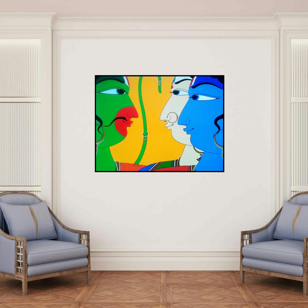 'The Performers (The Encounters)' painting by Shahed Pasha shown on a wall in a furnished room.