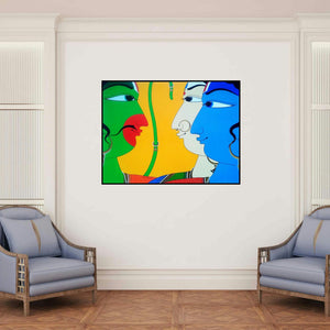 'The Performers (The Encounters)' painting by Shahed Pasha shown on a wall in a furnished room.