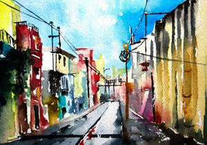 Petit Canal (Pondicherry Palette: A Street in Transition) by Veronique Piaser-Moyen, Original Watercolor Cityscape Painting on Paper, X-Small Horizontal Wall Art