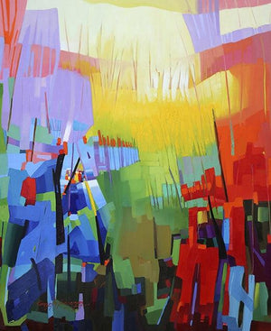 Petrichor 38 (Sunlit Harvest) by Ganesh Doddamani, Original Oil Abstract Painting on Canvas, X-Large Vertical Wall Art
