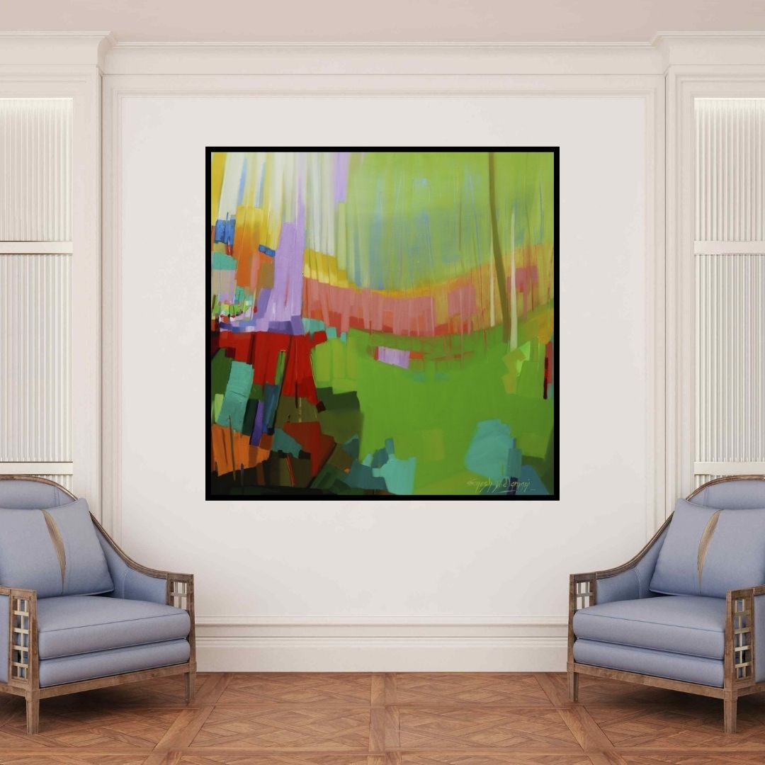 In-situ view of Ganesh Doddamani's 'Petrichor 57 (Sunlit Forest)' painting in a room