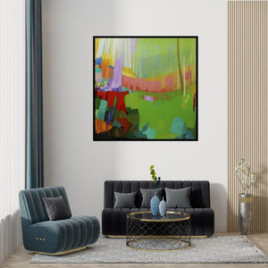 Preview of 'Petrichor 57 (Sunlit Forest)' Painting by Ganesh Doddamani shown on a wall in a furnished room.