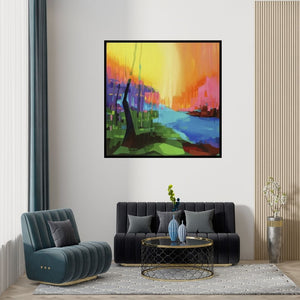 Preview of 'Petrichor 60 (Sunlit Waters)' Painting by Ganesh Doddamani shown on a wall in a furnished room.