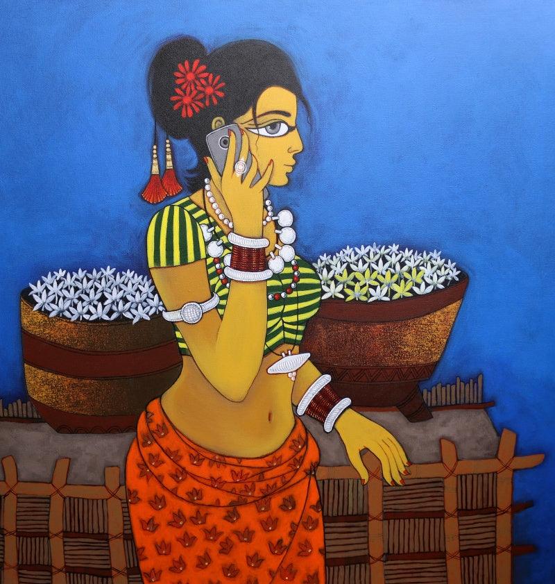 Figurative acrylic painting titled 'Phone Pe Charcha', 36x36 inches, by artist GAJRAJ CHAVAN on Canvas