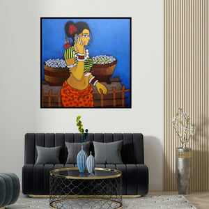 Gajraj Chavan's 'Phone Pe Charcha (A Modern Connection)' painting visualized above a sofa in a contemporary room.