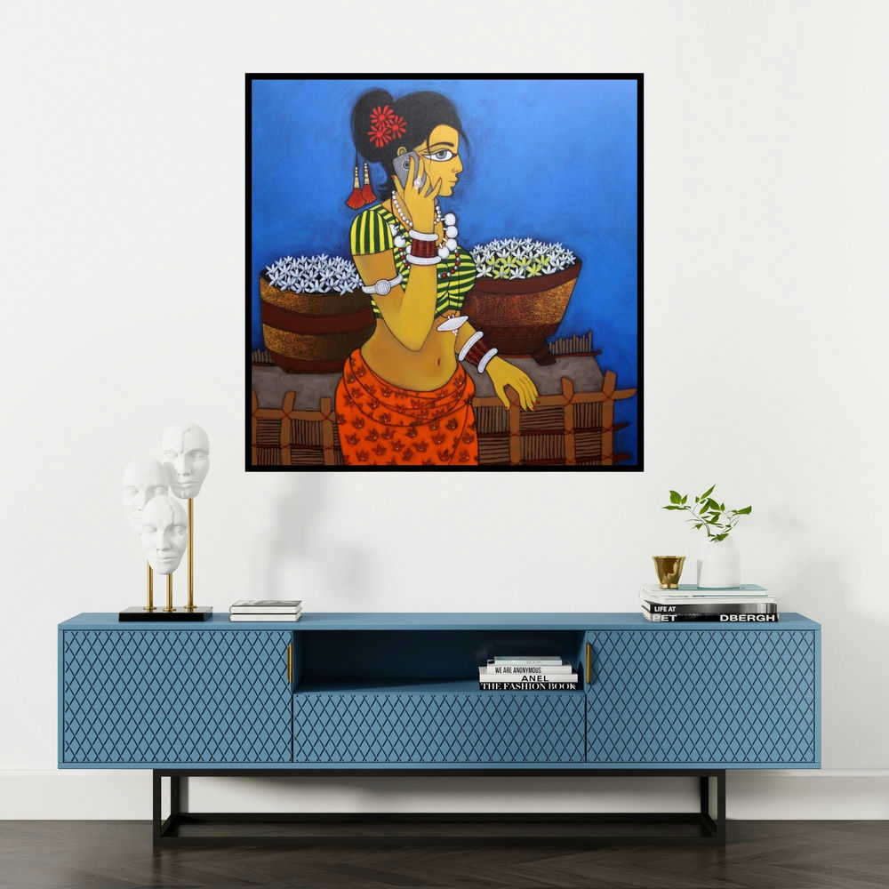 'Phone Pe Charcha (A Modern Connection)' painting by Gajraj Chavan shown on a wall in a furnished room.