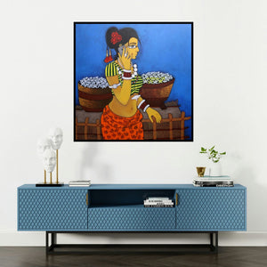 'Phone Pe Charcha (A Modern Connection)' painting by Gajraj Chavan shown on a wall in a furnished room.