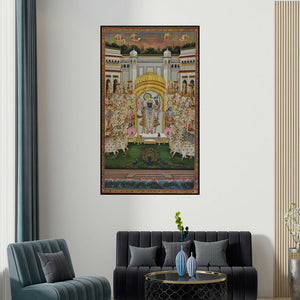 Unknown's 'Pichwai (Shrinathji's Grand Darshan)' painting visualized above a sofa in a contemporary room.