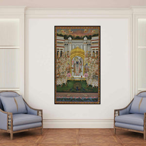 'Pichwai (Shrinathji's Grand Darshan)' painting by Unknown shown on a wall in a furnished room.