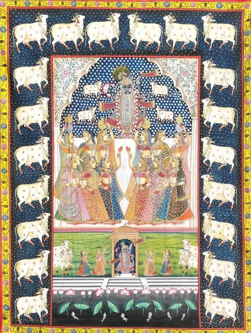 Religious pichwai traditional art titled 'Pichwai 101', 48x36 inches, by artist Pichwai Art on Cloth